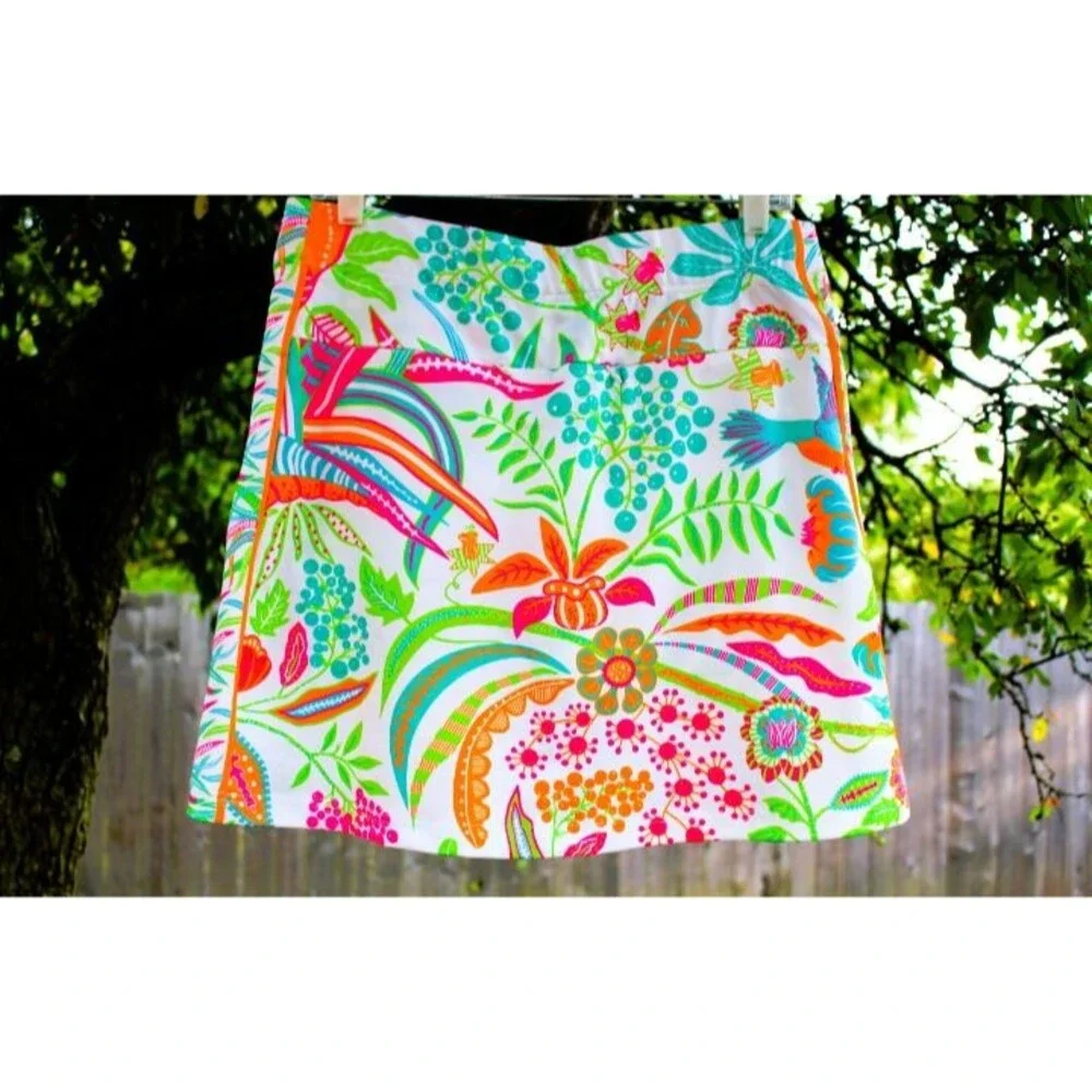 Gretchen Scott Bright Skort Women Size Medium Neon Tropical Design Pull On EUC!